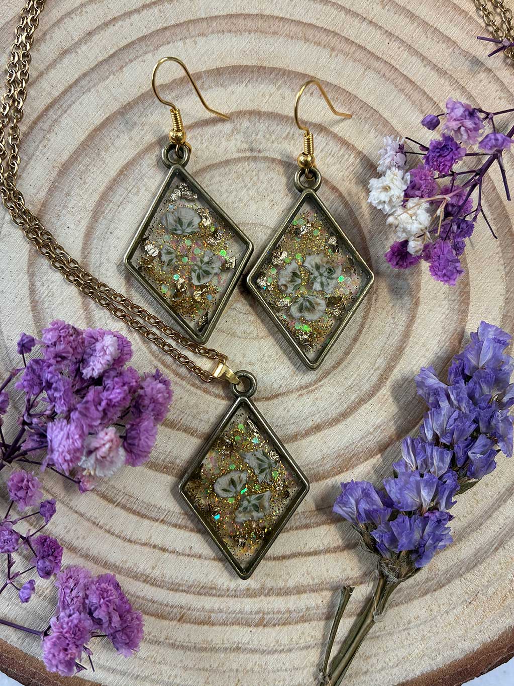 taller CupCanvas joyas artesanales conjunto pendientes y colgante rombos